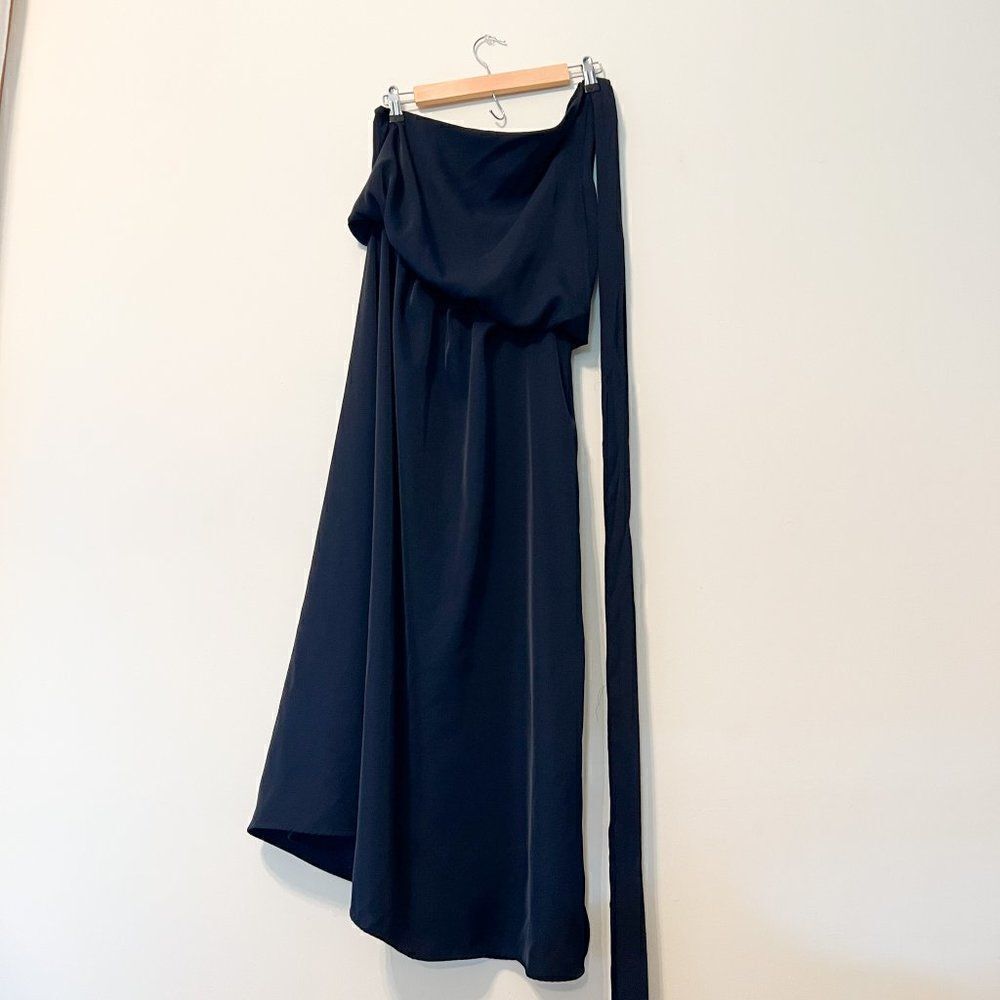 Amy Lynn Navy Blue One Shoulder Tie Satin Evening Midi Dress Size Medium - Picture 9 of 11